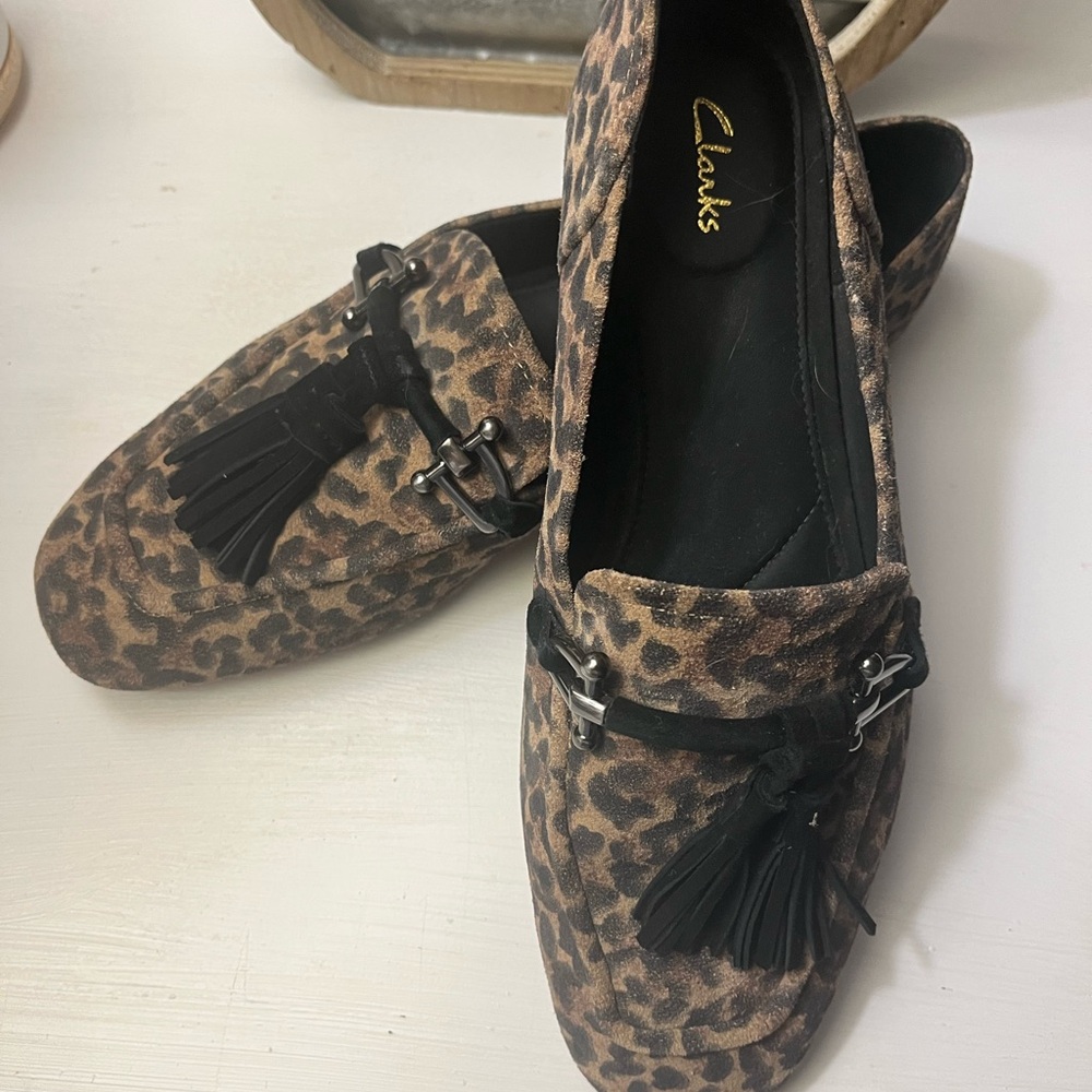 Clarks Animal Print Loafers with Black Tassel